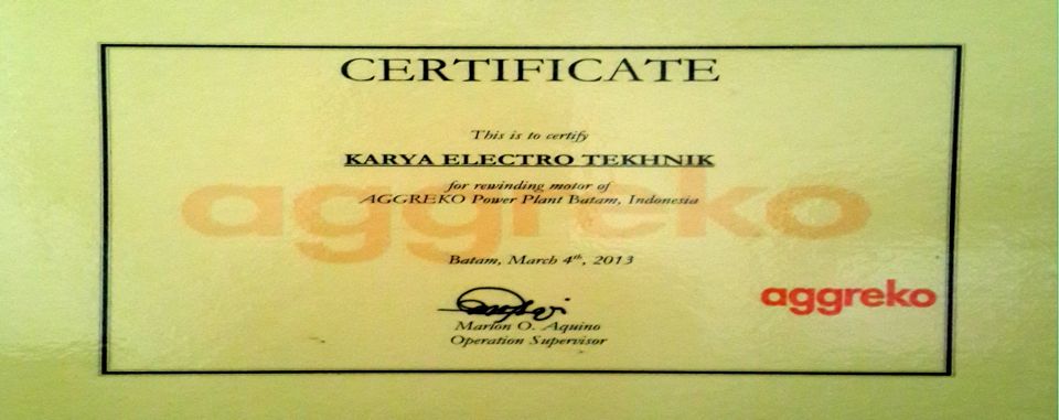 Certificate from AGGREKO